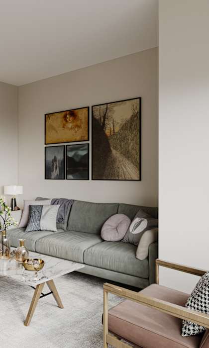 A modern living room with a couch, chairs, and a coffee table.