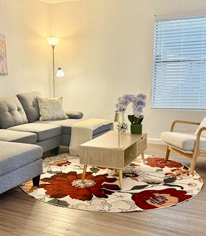 A grey couch with pillows sits in a living room with a rug and a chair.