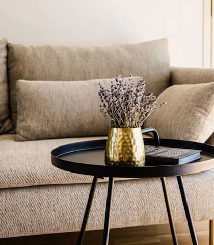 A living room with a beige sofa, a small table with a vase of dried flowers, and a potted plant.