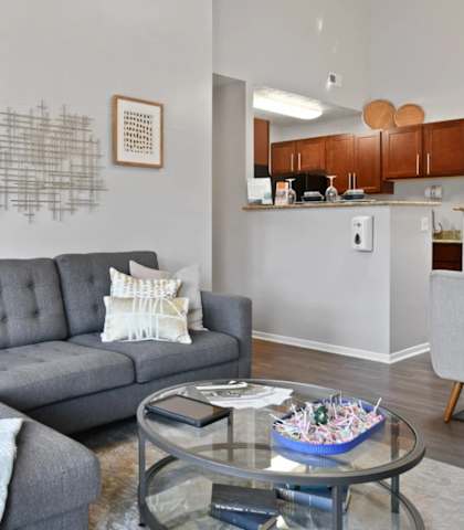 A grey couch with a blue throw blanket on it.