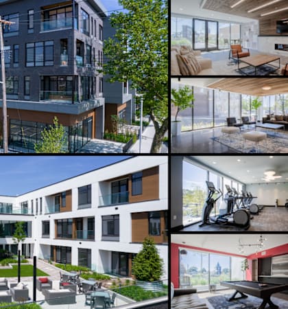 four different views of a building and a courtyard at The Rail at Red Bank, Red Bank, 07701