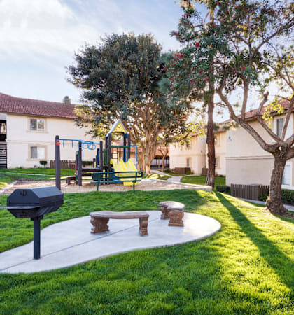a park with a playground and trees