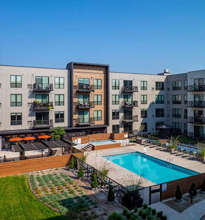 Outdoors Pool at Confluence on 3rd Apartments in Des Moines in Downtown Des Moines