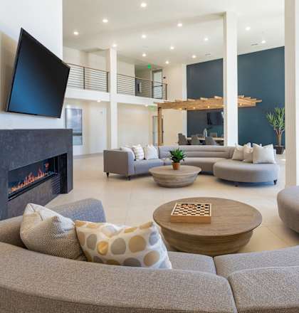 a living room with couches and a television and a fireplace