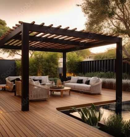 a 3d rendering of a patio with furniture and a pool
