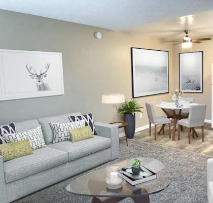carpeted living and dining rooms
