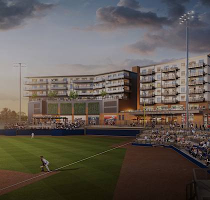 a rendering of a ballpark with a crowd of people watching a baseball game at Stadium Lofts, Kannapolis, 28081