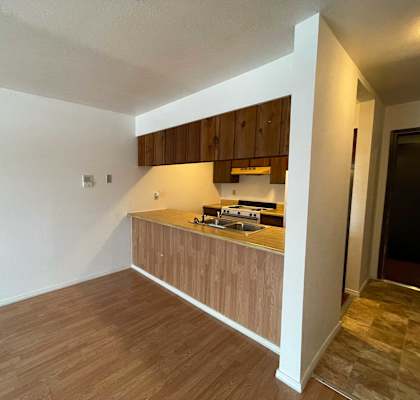 A kitchen area with wooden cabinets and a countertop. at Nicole Apartments, Anchorage, AK