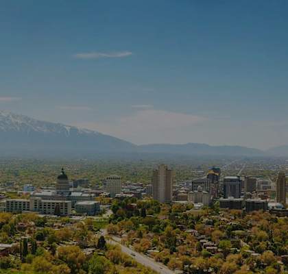 A cityscape with buildings and a mountain range in the background.