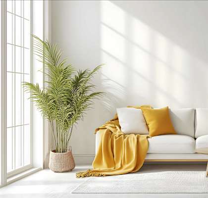 A living room with a white couch, a yellow throw, and a wooden coffee table.