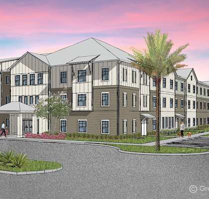 A rendering of a modern multi-story building with a parking lot in front.