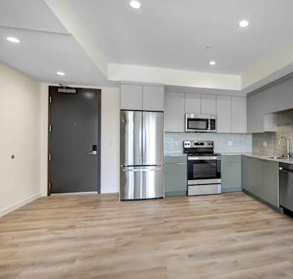 a kitchen with gray cabinets and stainless steel appliances
