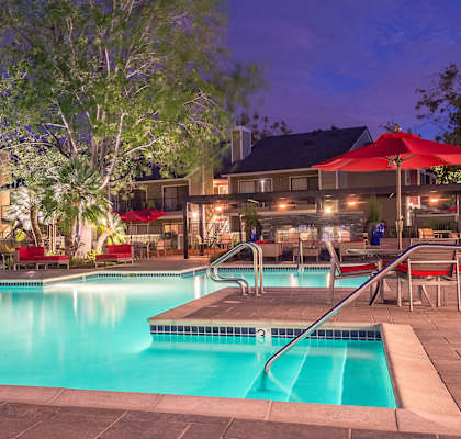 Evening Pool View with lounge chairs at KIRKER CREEK, California
