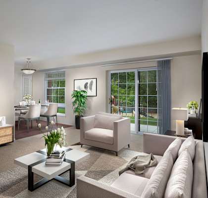 a rendering of a living room with a couch and a television