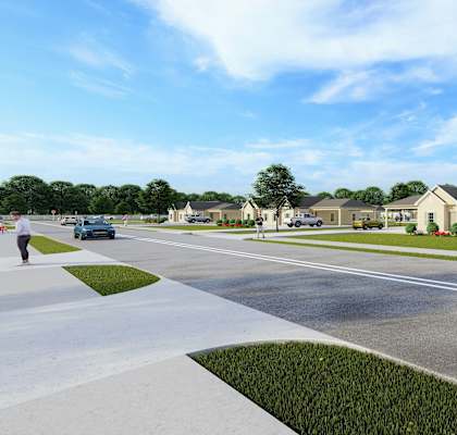 a rendering of a street with houses in the background