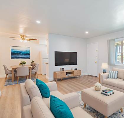 A living room with a white couch and a television.