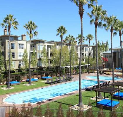 a resort style pool with chaise lounge chairs and palm trees in the background