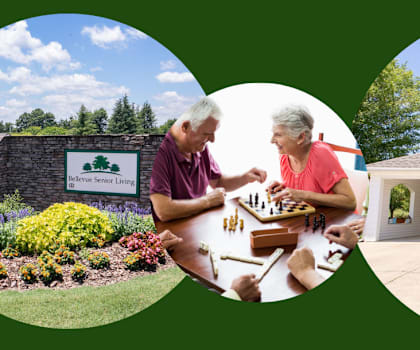Woodward senior living banner with active seniors and exterior building
