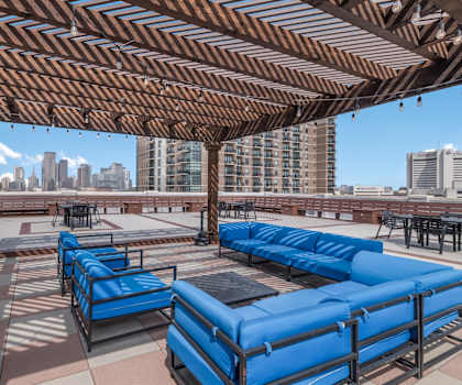 a view of the skyline from the rooftop terrace