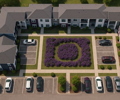 A parking lot with cars and a flower bed in front of apartment buildings.
