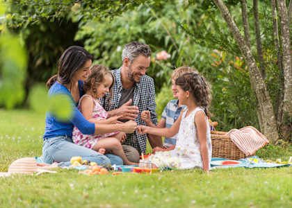 A family is having a picnic in a green park.