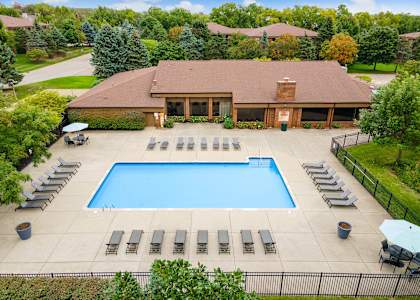 Aerial View of the Pool at Dover Hills Apartments Kalamazoo MI