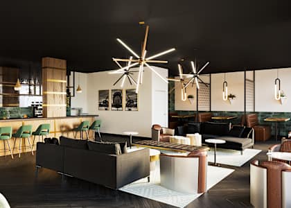 a room filled with furniture and a large window