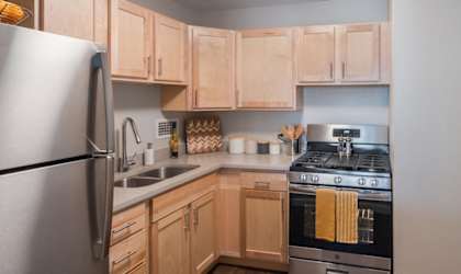 Kitchen with stainless steel appliances, light wood cabinetry, and plan flooring at Eden Commons, Chicago, 60616