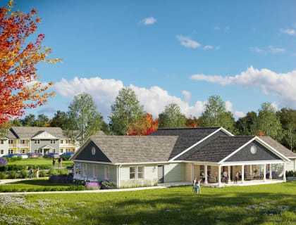 a rendering of a house with a porch and a lawn at Union at Oak Grove, Michigan, 48855