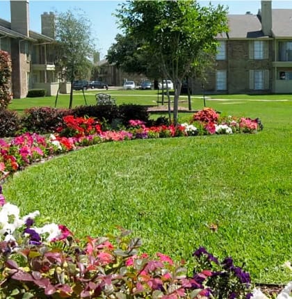 a lush green lawn with flowers in front of an apartment building  at Wymberly Pointe, Grand Prairie, Texas
