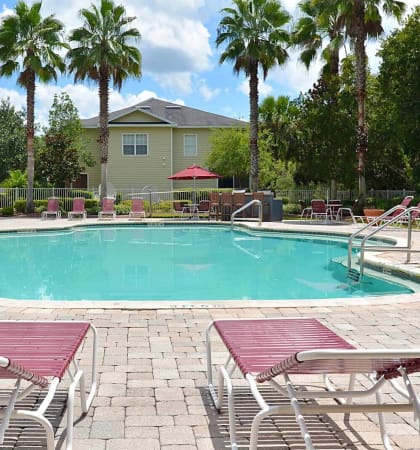 Exterior Pool Lounge Chairs at Magnolia Place Apartments, Gainesville, 32606