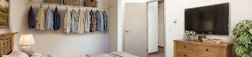 a bedroom with a bed and a dresser and a tv