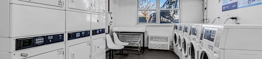 A laundromat with rows of washers and dryers.
