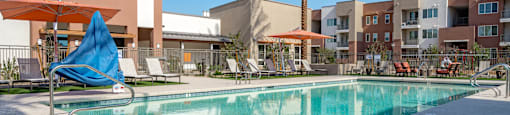 A swimming pool in front of a building with a palm tree in the background.