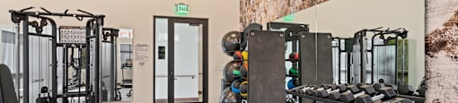 A gym with a variety of equipment including treadmills, weights, and exercise machines.