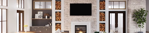 a rendering of a living room with a fireplace and a tv above it