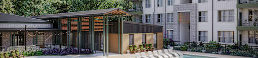 a rendering of an apartment complex with a pool and lounge chairs