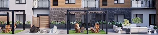 a rendering of an apartment building with a patio and chairs