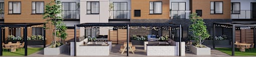 a rendering of an apartment building with a communal courtyard