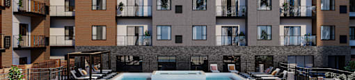 a swimming pool in the middle of an apartment building