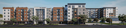 a rendering of an apartment building with a street in front of it