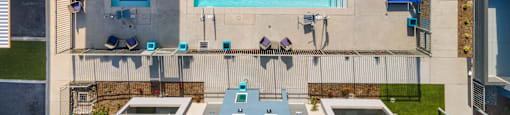 arial view of the pool and poolside patio at Loma Villas Apartments, San Bernardino