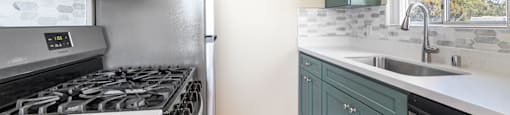 Galley kitchen with green cabinets and hexagon tile backsplash at Joro Properties Apartments, Hollywood, CA
