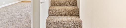 Carpeted staircase leading to upper level at Joro Properties Apartments, Hollywood, California