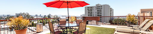 Rooftop terrace with artificial turf and lounge chairs at Joro Properties Apartments, Hollywood