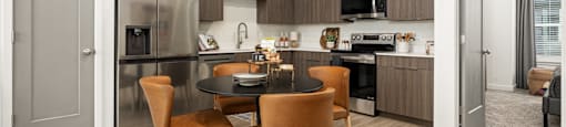 a kitchen and dining room with a table and chairs