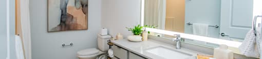 a bathroom with a large mirror and a toilet and a sink
