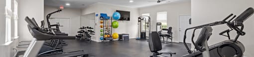 the fitness center with treadmills and other exercise equipment