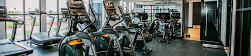a gym with cardio machines and a large window