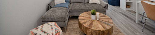a living room with a gray couch and a coffee table